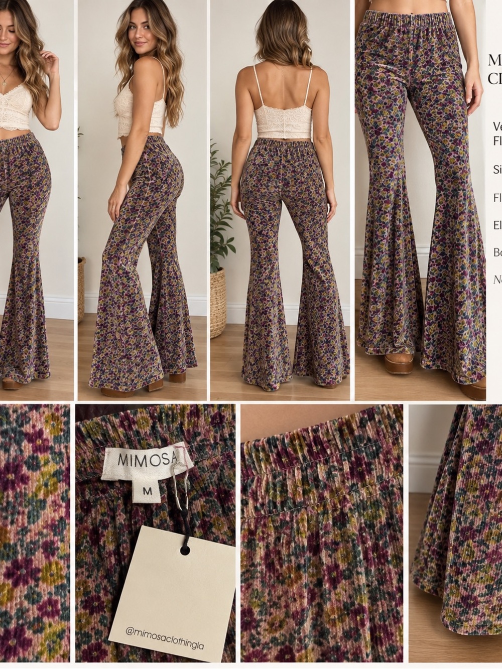 Mimosa Clothing Floral Velvet Flare Pants Medium Boho Festival NWT